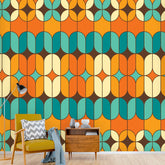 Mid Century Modern Peel And Stick Wallpaper, Orange, Teal Blue, Geometric Groovy 70s Wall Murals - Mid Century Modern Gal