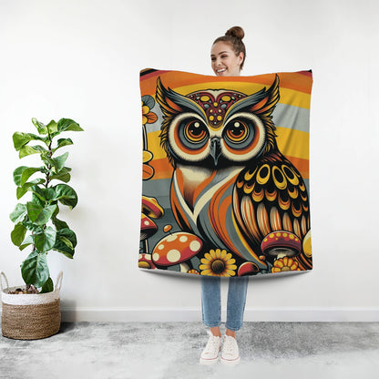 70s Owl Blanket, Merry Mushroom Cottagecore, Boho, Hippie Orange, Brown Groovy 1970s Sherpa Blanket