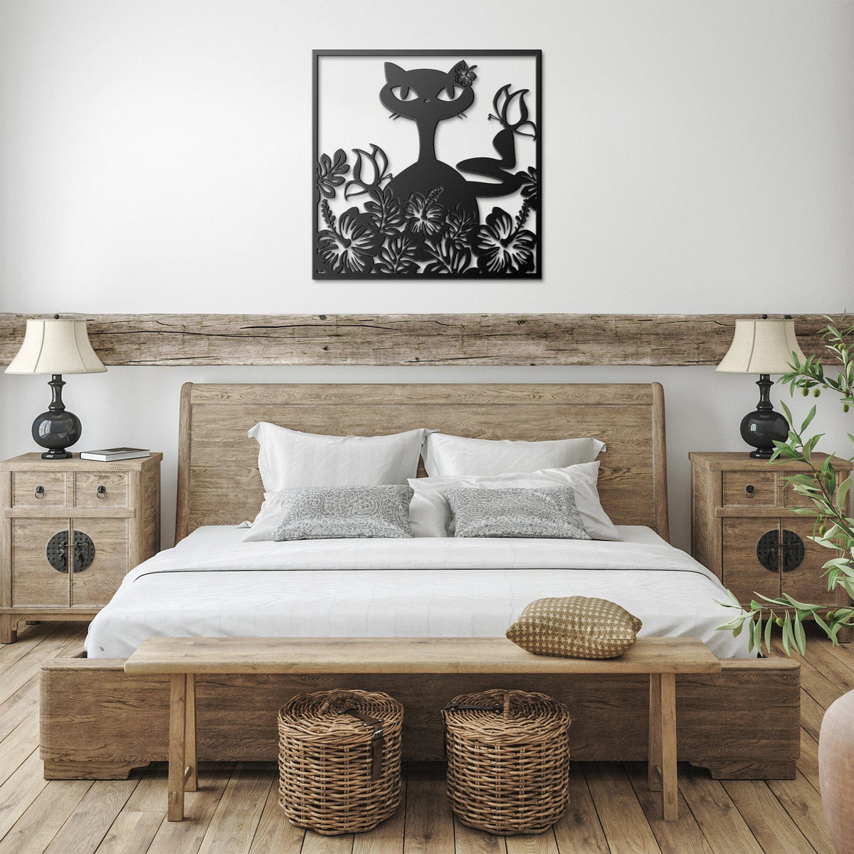 Hawaiian Retro, Mid Mod Cat, Hibiscus Flowers, Tropical Mid Century Modern Wall Art Wall Art Black / 12 Inch