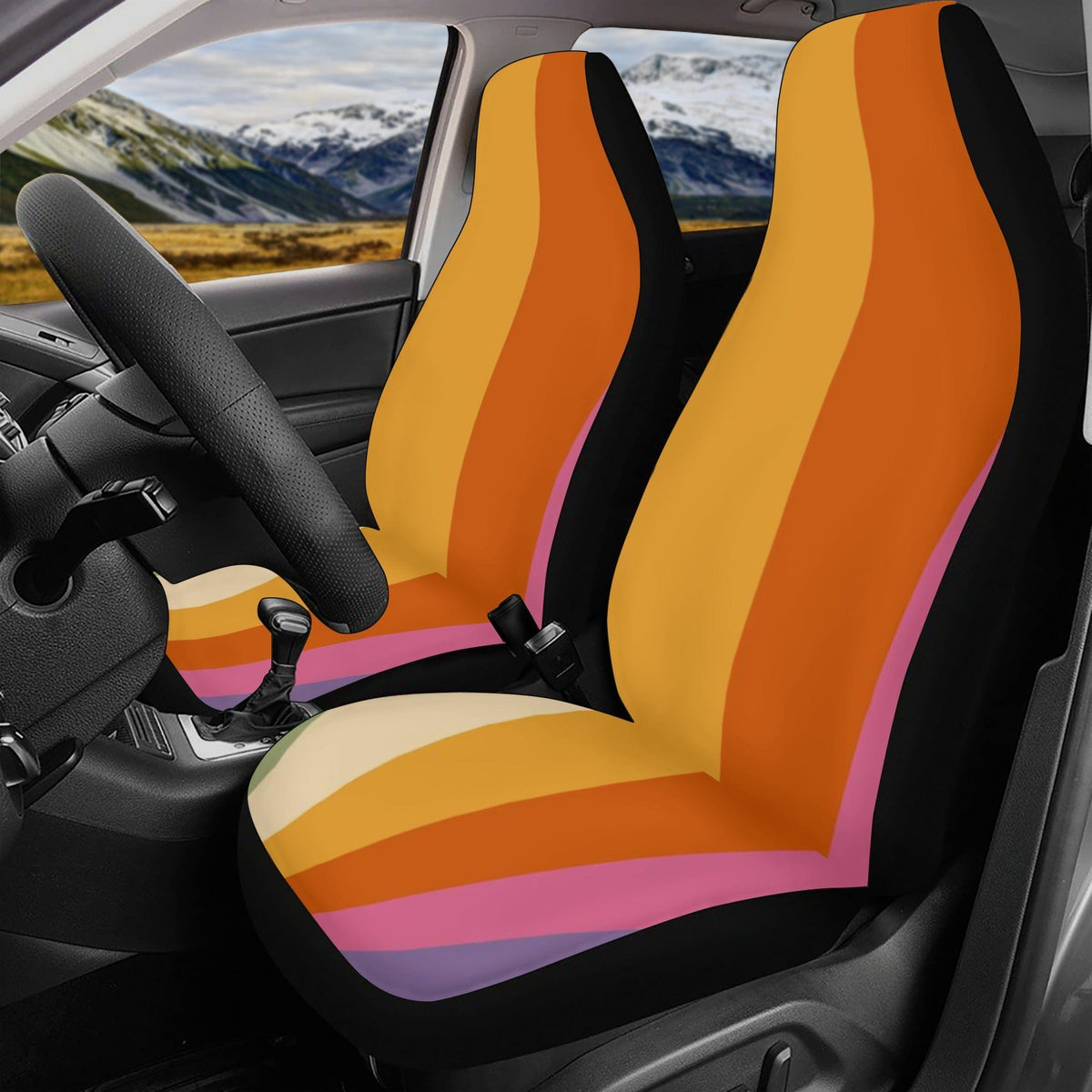 70's Retro Rainbow Groovy, Car Seat Covers Front And Back Black / Universal