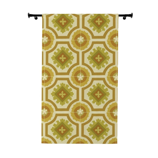 60's 70's Avocado, Verde Green, Golden Yellow,  Retro, Nostalgic Linoleum Tile Window Curtain