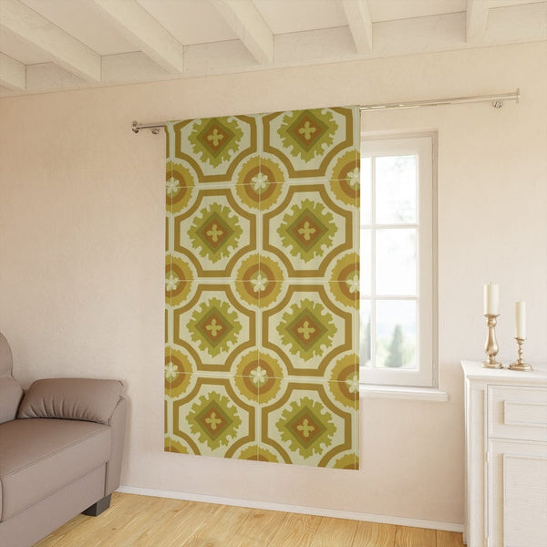60's 70's Avocado, Verde Green, Golden Yellow,  Retro, Nostalgic Linoleum Tile Window Curtain