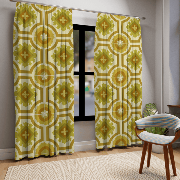 60's 70's Avocado, Verde Green, Golden Yellow,  Retro, Nostalgic Linoleum Tile Window Curtain