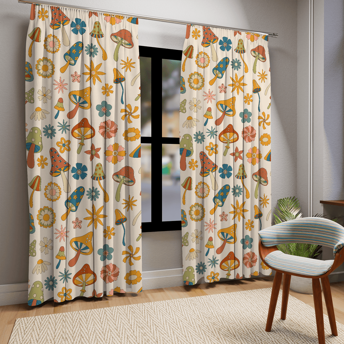 60's, 70's Vibes, Trippy, Mushroom, Groovy Flower Power Window Curtains Home Decor Blackout / 50" × 84"
