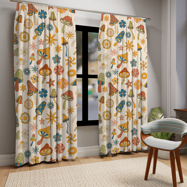 60's, 70's Vibes, Trippy, Mushroom, Groovy Flower Power Window Curtains