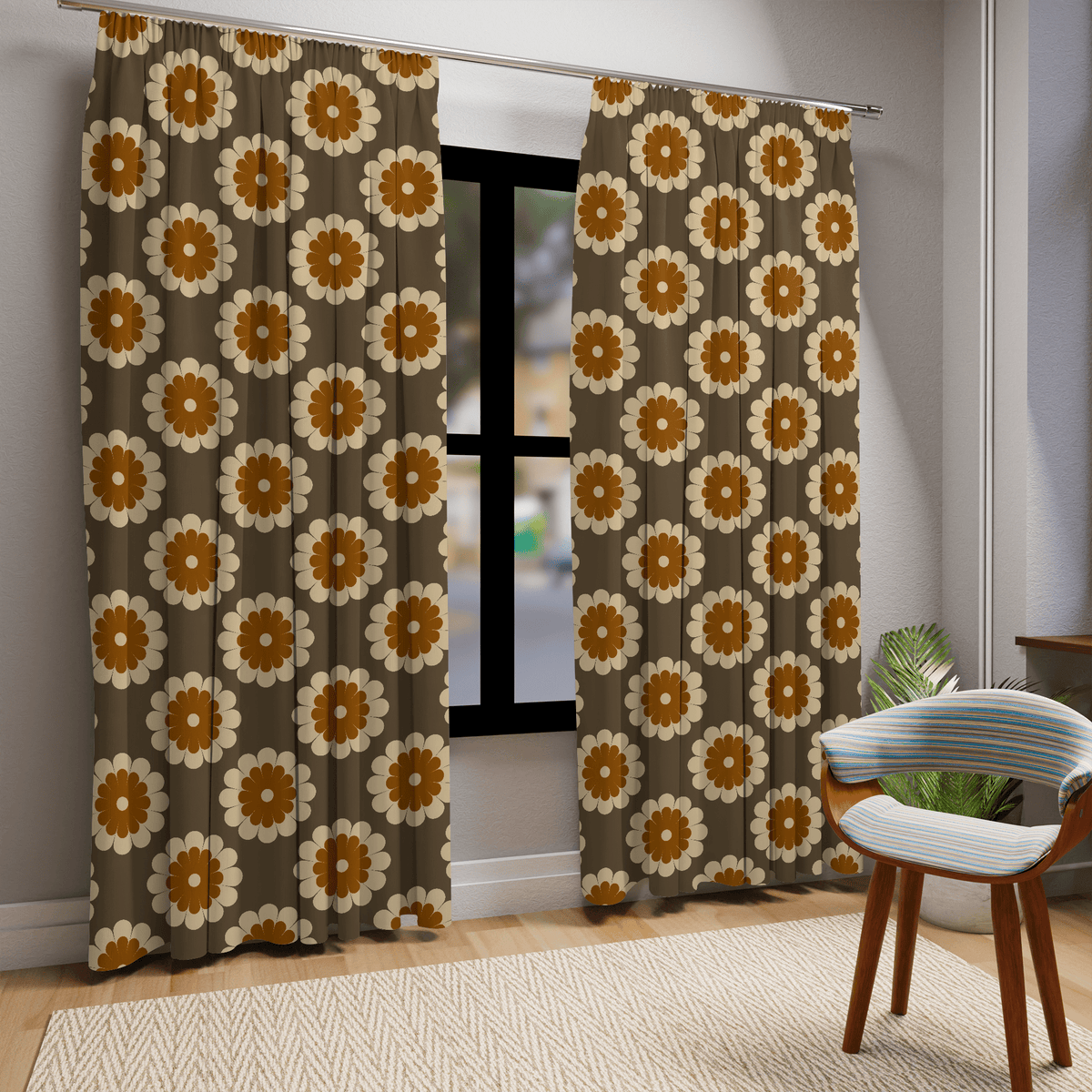 70's Mod Daisy, Chocolate Brown, Beige, Rust, Groovy Fun Mid Mod Window Curtains Home Decor Blackout / 50" × 84"