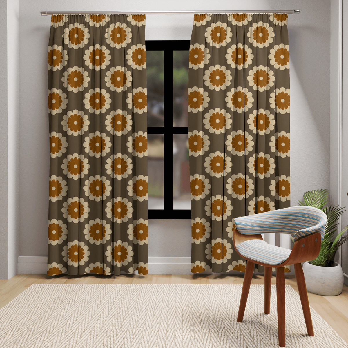70's Mod Daisy, Chocolate Brown, Beige, Rust, Groovy Fun Mid Mod Window Curtains Home Decor Blackout / 50" × 84"