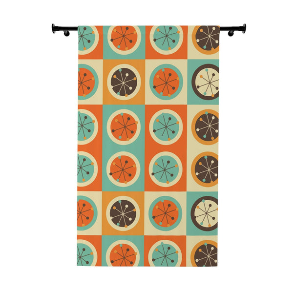 70's Retro Curtains, Bold Geometric Circles Atomic Starburst, Mid Century Modern, Aqua Blue, Burnt Orange, Mustard Yellow MCM Blackout