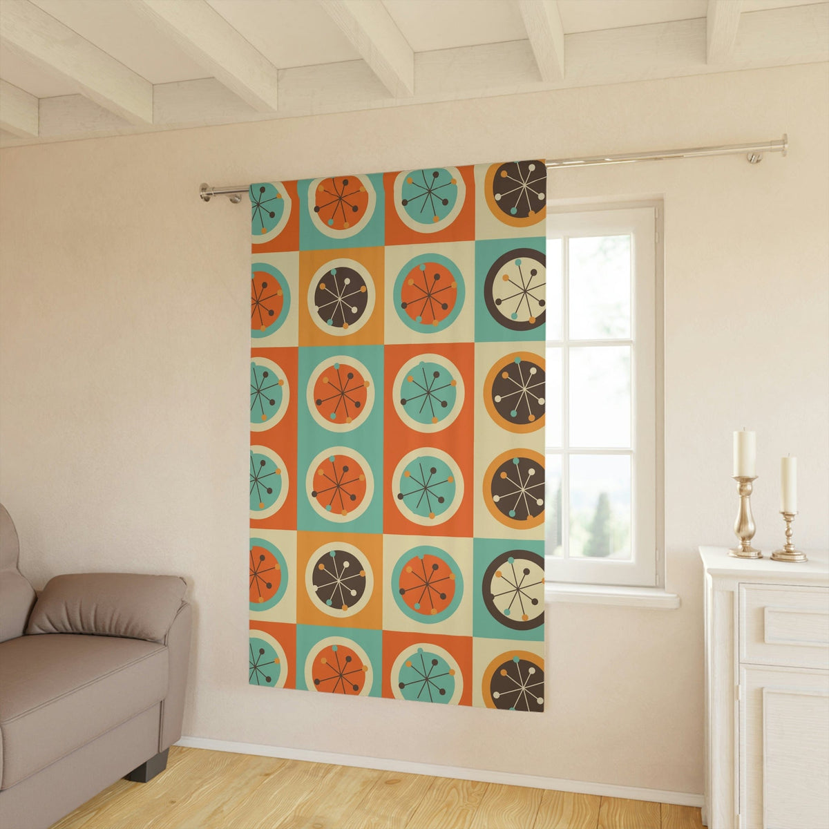70's Retro Curtains, Bold Geometric Circles Atomic Starburst, Mid Century Modern, Aqua Blue, Burnt Orange, Mustard Yellow MCM Blackout Home Decor Blackout / 50" × 84"