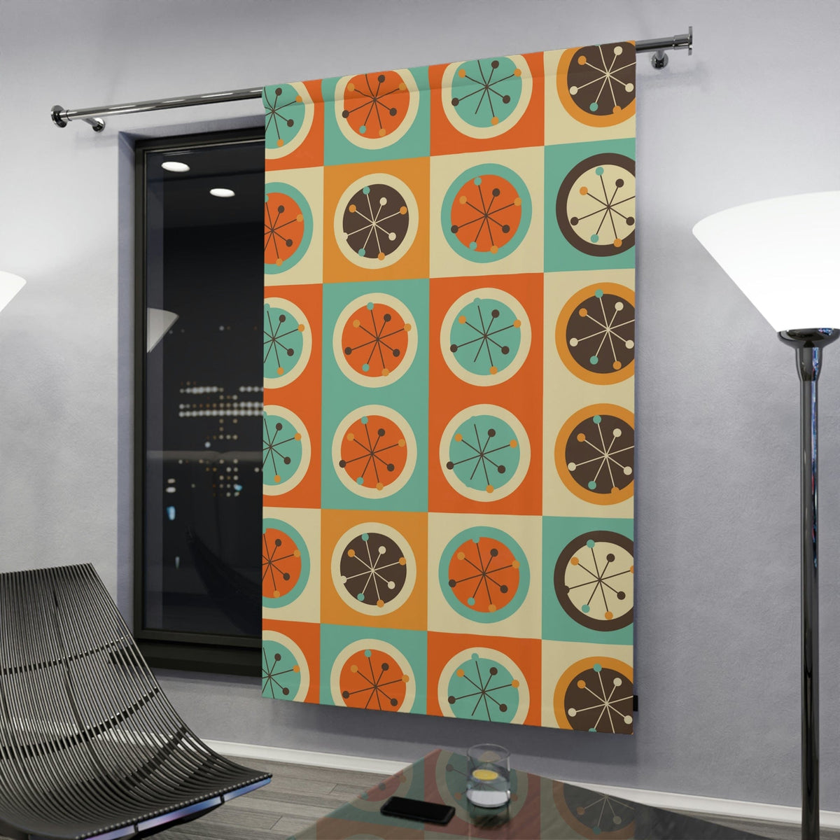 70's Retro Curtains, Bold Geometric Circles Atomic Starburst, Mid Century Modern, Aqua Blue, Burnt Orange, Mustard Yellow MCM Blackout Home Decor Blackout / 50" × 84"