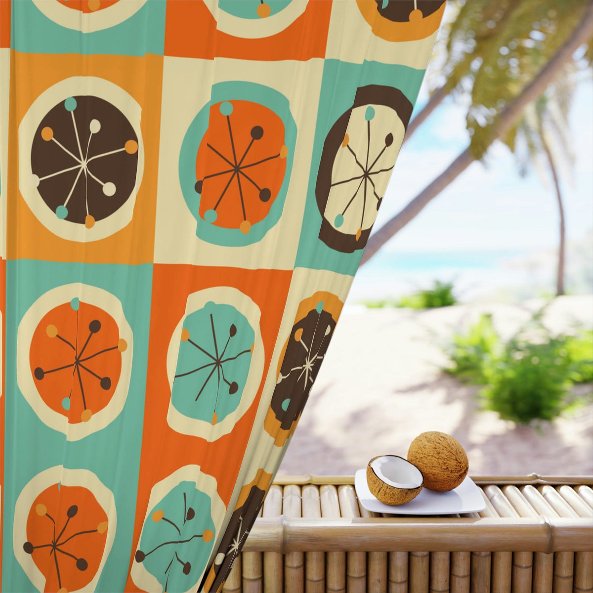 70's Retro Curtains, Bold Geometric Circles Atomic Starburst, Mid Century Modern, Aqua Blue, Burnt Orange, Mustard Yellow MCM Blackout Home Decor Blackout / 50" × 84"