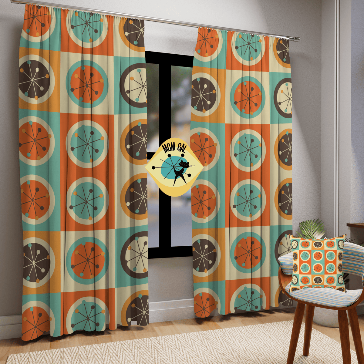 70's Retro Curtains, Bold Geometric Circles Atomic Starburst, Mid Century Modern, Aqua Blue, Burnt Orange, Mustard Yellow MCM Blackout Home Decor Blackout / 50" × 84"