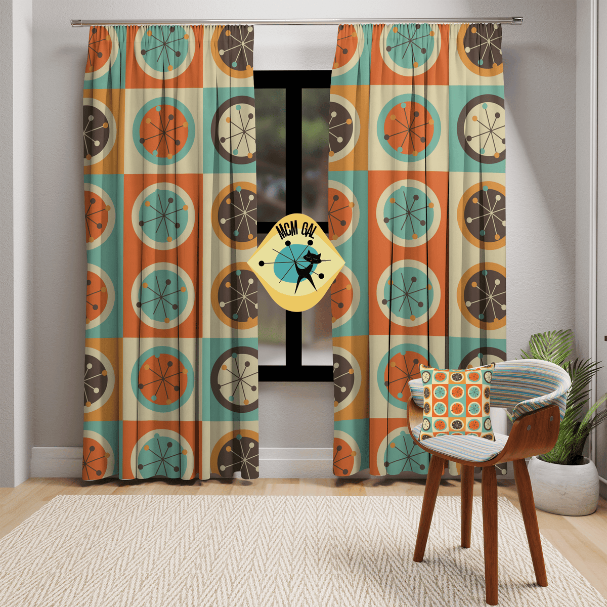 70's Retro Curtains, Bold Geometric Circles Atomic Starburst, Mid Century Modern, Aqua Blue, Burnt Orange, Mustard Yellow MCM Blackout Home Decor Blackout / 50" × 84"