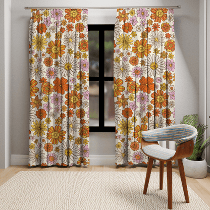 70's Vintage Style Curtains, Floral, Orange, Yellow, Pink, Retro, Mod  Kitschy Groovy Window Curtains (1 Piece)