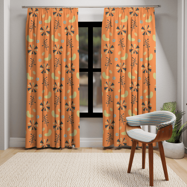Atomic Boomerang, Mod Orange, Yellow, Gray Pinwheel, Abstract Mid Century Modern, Palms Springs Style Retromania Window Curtains