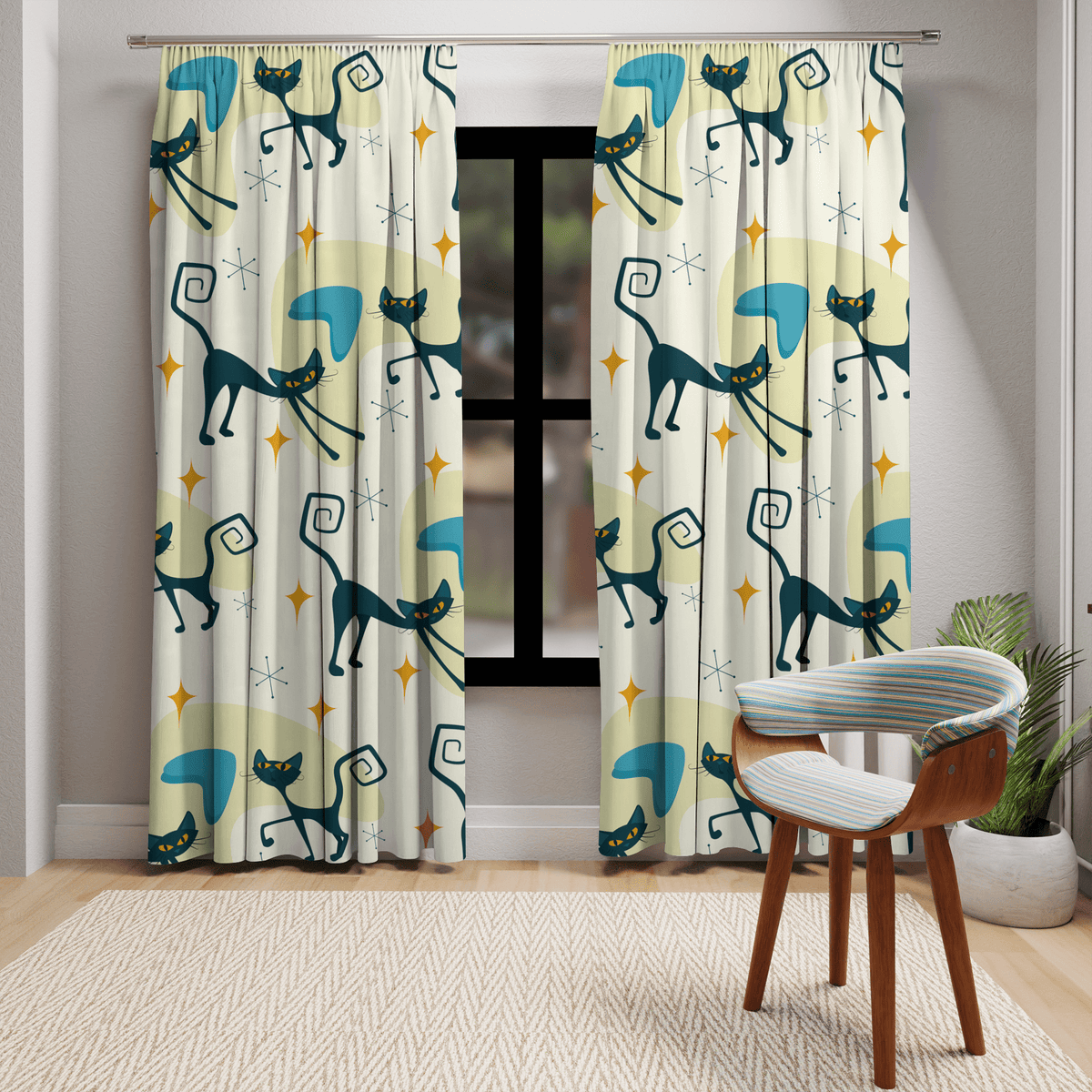 Atomic Cat Curtains, Beige, Yellow, Blue Boomerangs, Starburst, Kitschy Cute, Retro Bedroom, Livingroom, Kitchen, Blackout Window Panels Home Decor Blackout / 50" × 84"