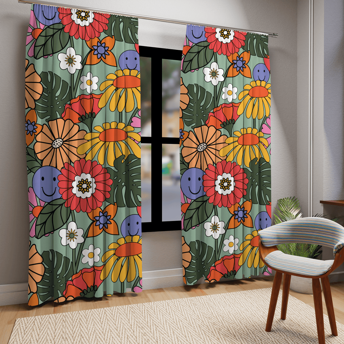 Groovy  70's, Corn Flower, Mod Daisy, Boho Monstera Plant, Green, Orange, Yellow, Pink Mid Mod Black Out Window Curtain Home Decor Blackout / 50" × 84"