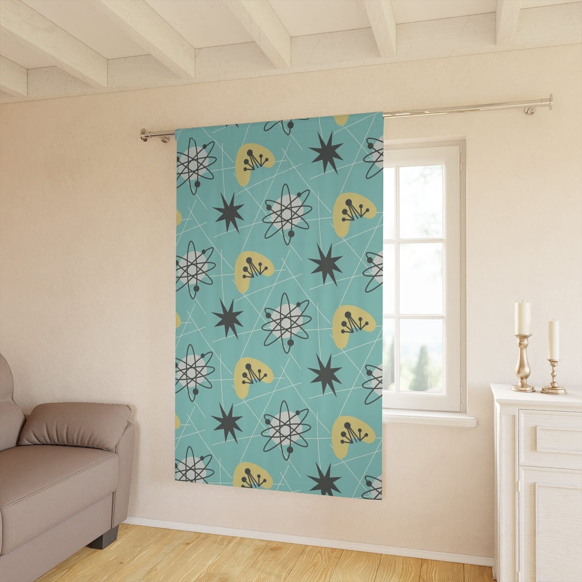 Mid Century Modern Aqua Blue, Sonic, Boomerang, Retro Starburst, MCM Window Curtains Home Decor Blackout / 50" × 84"