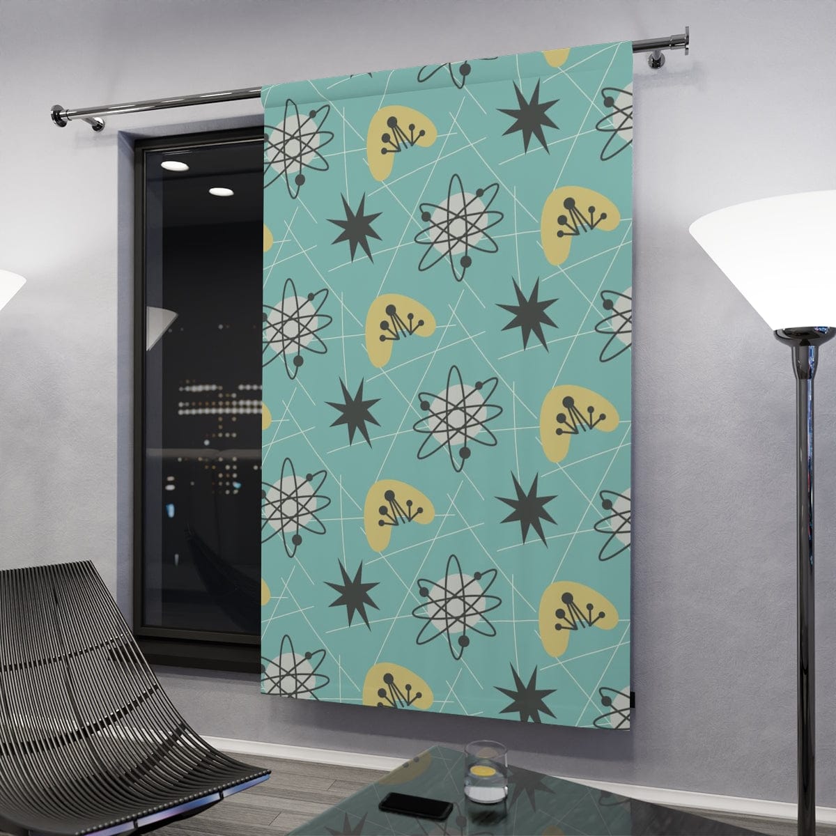 Mid Century Modern Aqua Blue, Sonic, Boomerang, Retro Starburst, MCM Window Curtains Home Decor Blackout / 50" × 84"