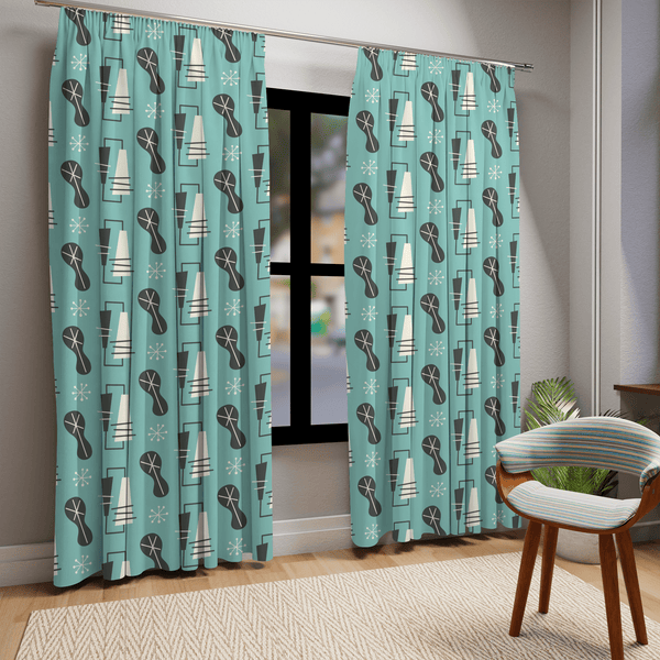 Mid Century Modern Curtains, Atomic 50's Abstract, Geometric Retro, Blue, Gray, White, Blackout Window Curtains