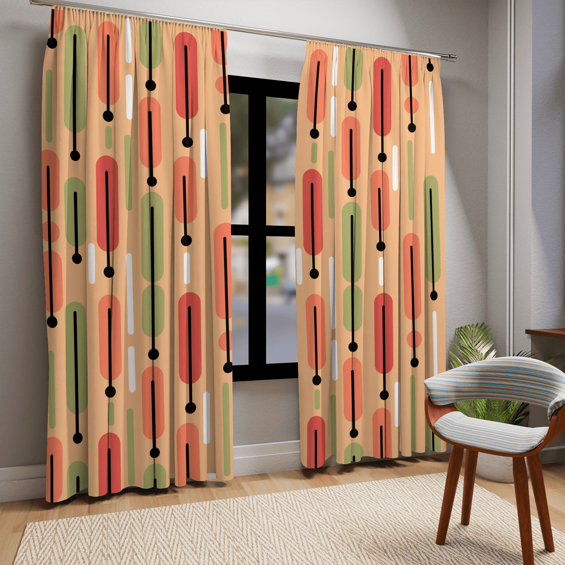 Mid Century Modern Curtains, Salmon Color, Green, White Scandinavian Modern Danish Design, Retro Funky Window Curtains Home Decor Blackout / 50&quot; × 84&quot;