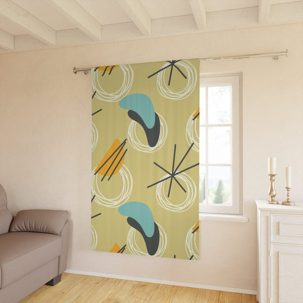 Mid Century Modern Curtains, Yellow, Blue Gray Abstract Boomerang Retro MCM Window Curtains
