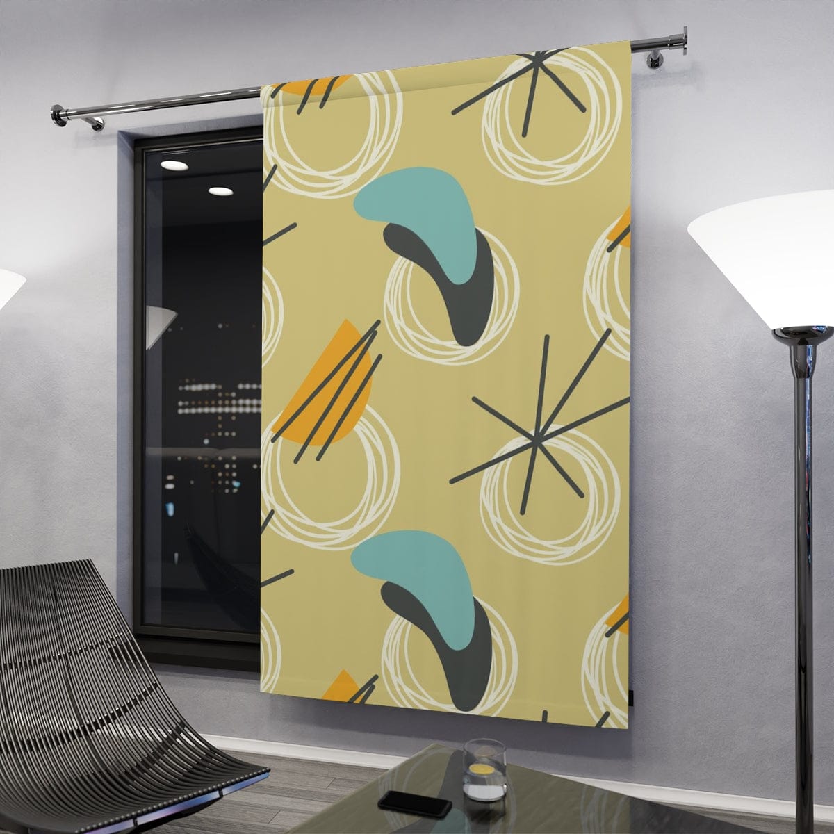 Mid Century Modern Curtains, Yellow, Blue Gray Abstract Boomerang Retro MCM Window Curtains Home Decor Blackout / 50&quot; × 84&quot;