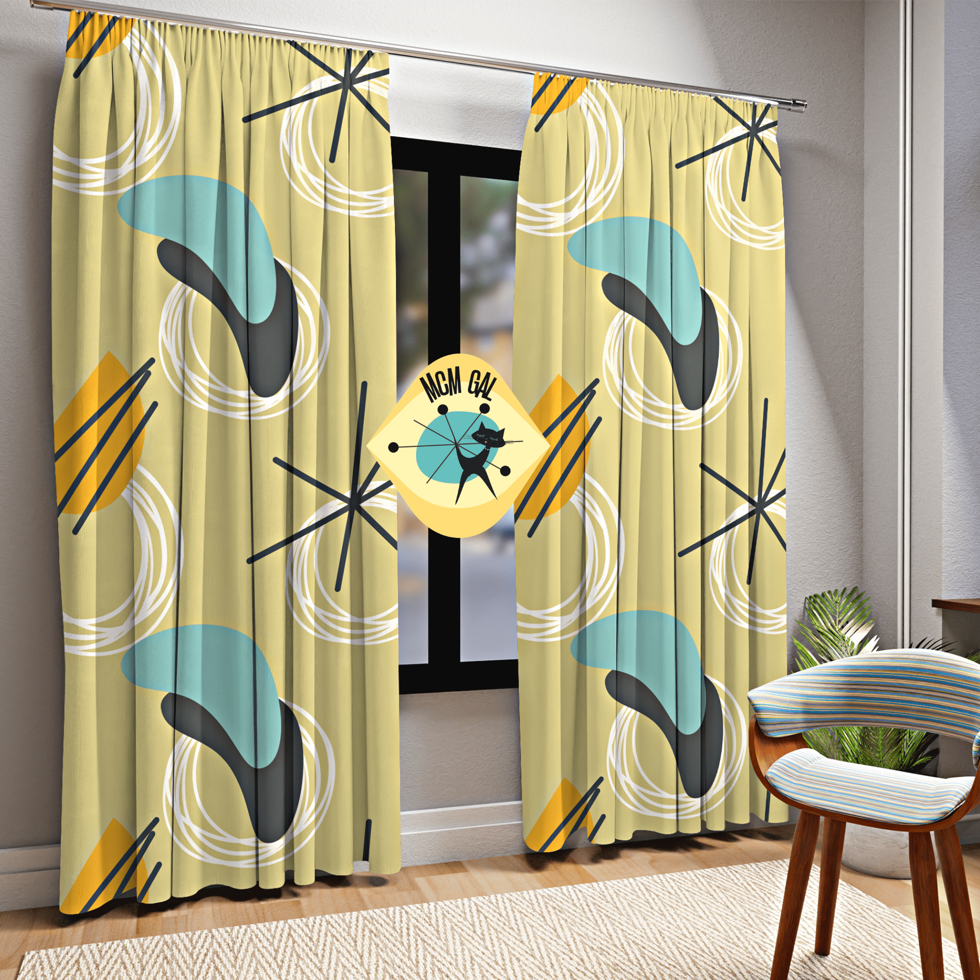 Mid Century Modern Curtains, Yellow, Blue Gray Abstract Boomerang Retro MCM Window Curtains Home Decor Blackout / 50&quot; × 84&quot;