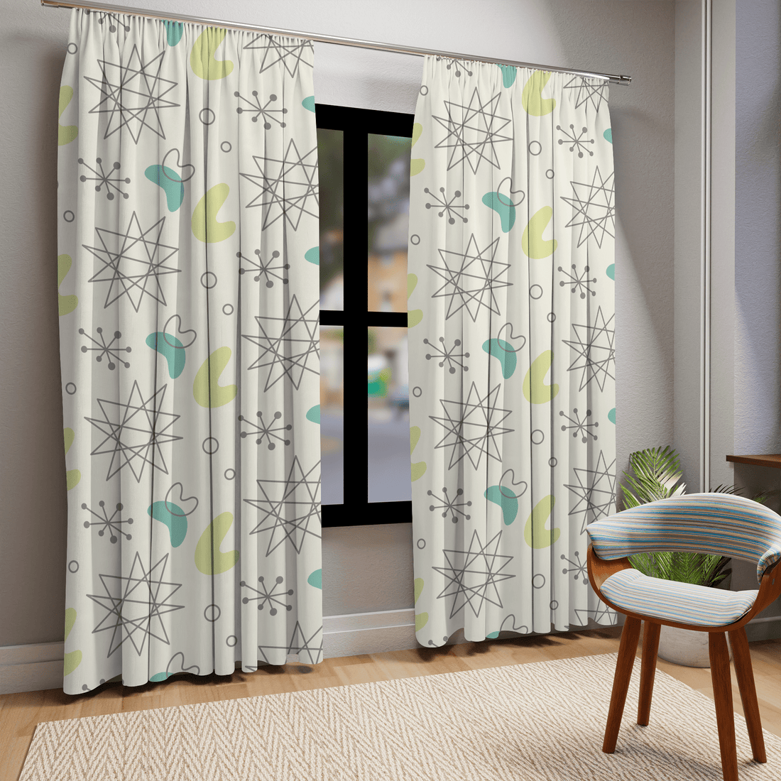 Mid Century Modern, Futuristic, Atomic Home Living, Retro, Boomerang, Creamy White, Green,Yellow, Gray MCM Window Curtains Home Decor Blackout / 50&quot; × 84&quot;