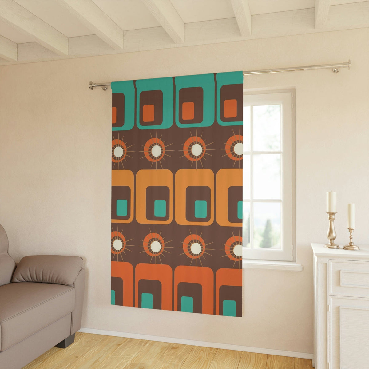 Mid Century Modern Geometric Retro Window Curtains, Atomic, Chocolate Brown, Orange, Mustard Yellow, MCM Home Living Home Decor Blackout / 50" × 84"