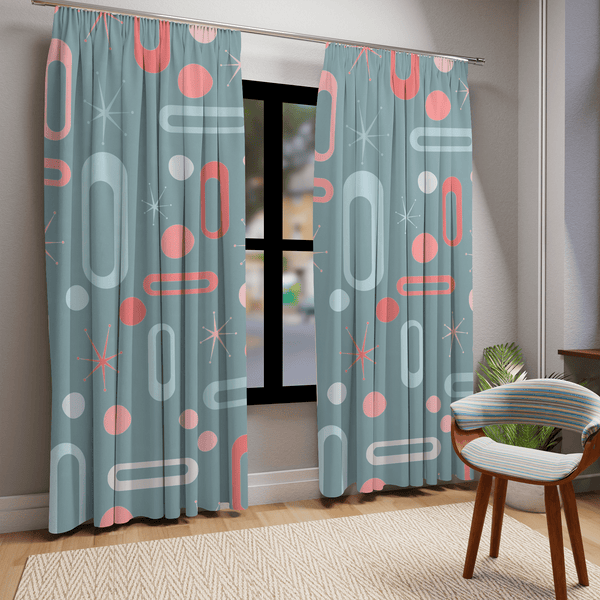 Mid Century Modern Home Decor Blackout Window Curtain, Ice Blue, Pink, Coral, MCM Atomic Starburst, Geometric, Retro Design