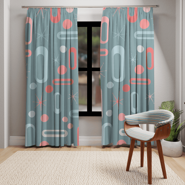 Mid Century Modern Home Decor Blackout Window Curtain, Ice Blue, Pink, Coral, MCM Atomic Starburst, Geometric, Retro Design
