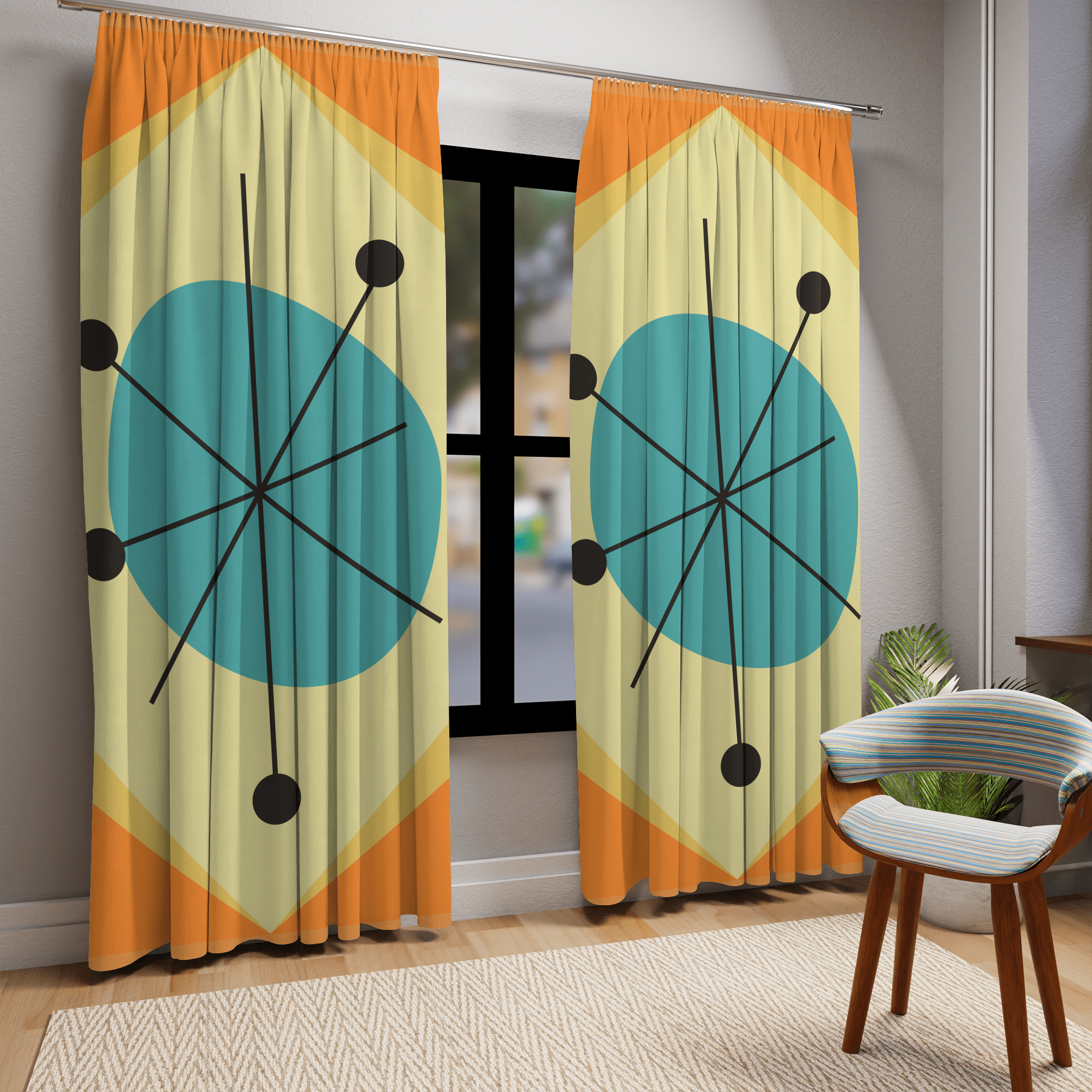 Mid Century Modern Orange &amp; Yellow, Teal Abstract Retro Window Curtains In Blackout For Atomic Age Home Home Decor Blackout / 50&quot; × 84&quot;