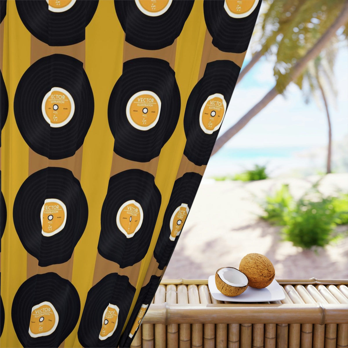 Mid Century Modern, Retro Record, Man Cave, Music Room, Livingroom, Mod Mustard Yellow, Black Groovy Window Curtains Home Decor Blackout / 50" × 84"