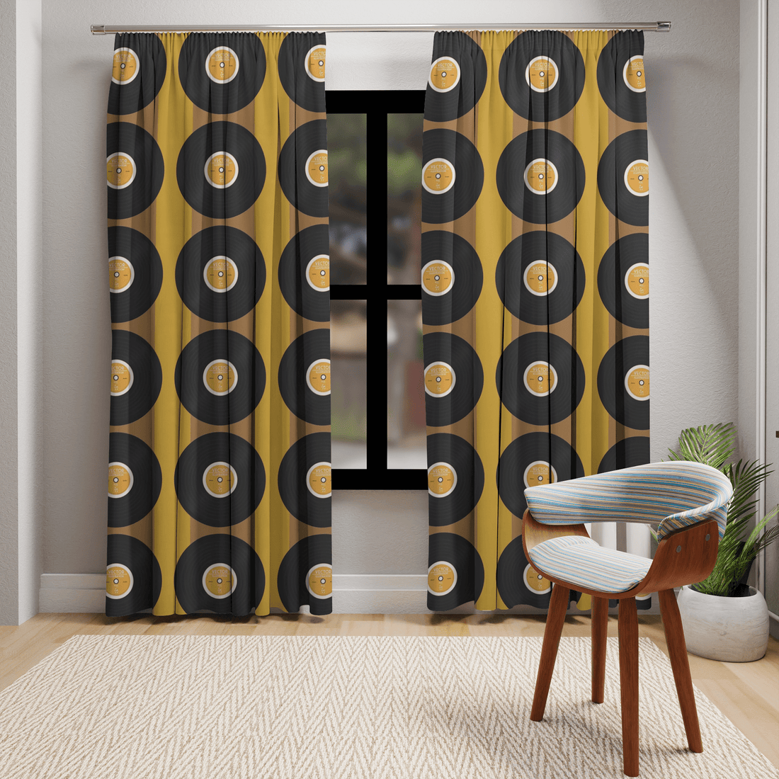Mid Century Modern, Retro Record, Man Cave, Music Room, Livingroom, Mod Mustard Yellow, Black Groovy Window Curtains Home Decor Blackout / 50&quot; × 84&quot;