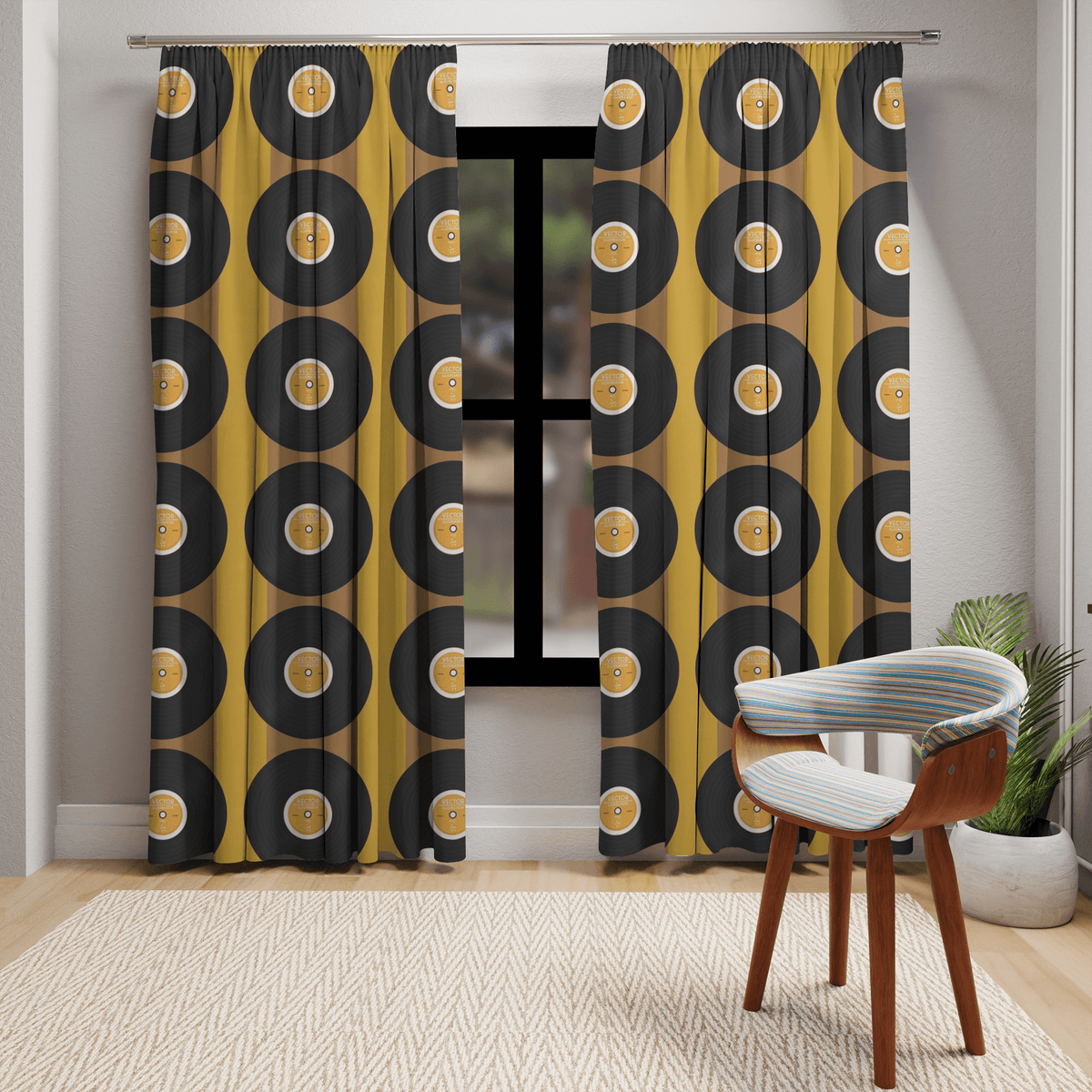 Mid Century Modern, Retro Record, Man Cave, Music Room, Livingroom, Mod Mustard Yellow, Black Groovy Window Curtains Home Decor Blackout / 50" × 84"
