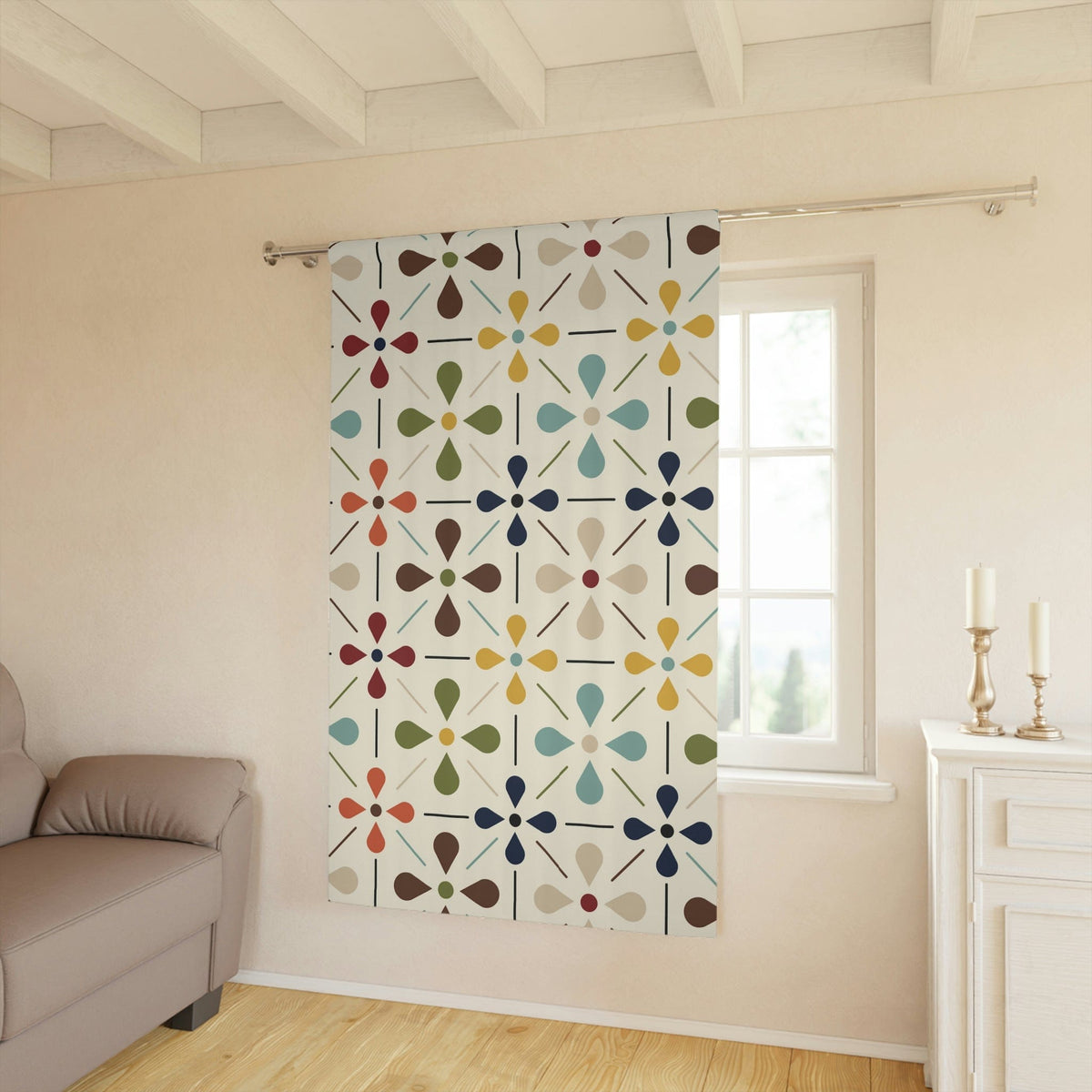 Mid Century Modern Window Curtains, Scandinavian Flower, Modern Retro Beige, Blue, Green, Orange, Brown, Window Curtains Home Decor Blackout / 50" × 84"