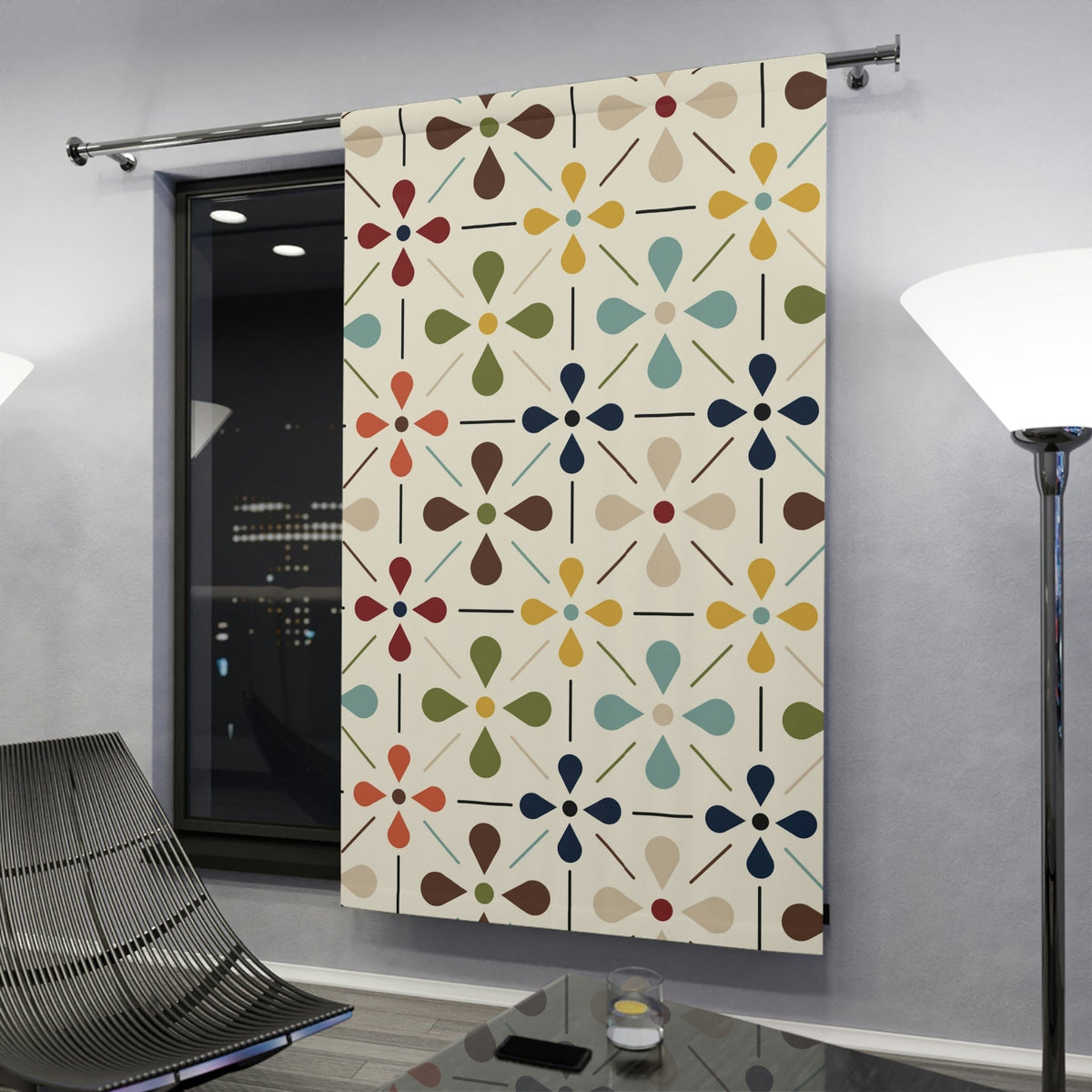 Mid Century Modern Window Curtains, Scandinavian Flower, Modern Retro Beige, Blue, Green, Orange, Brown, Window Curtains Home Decor Blackout / 50" × 84"