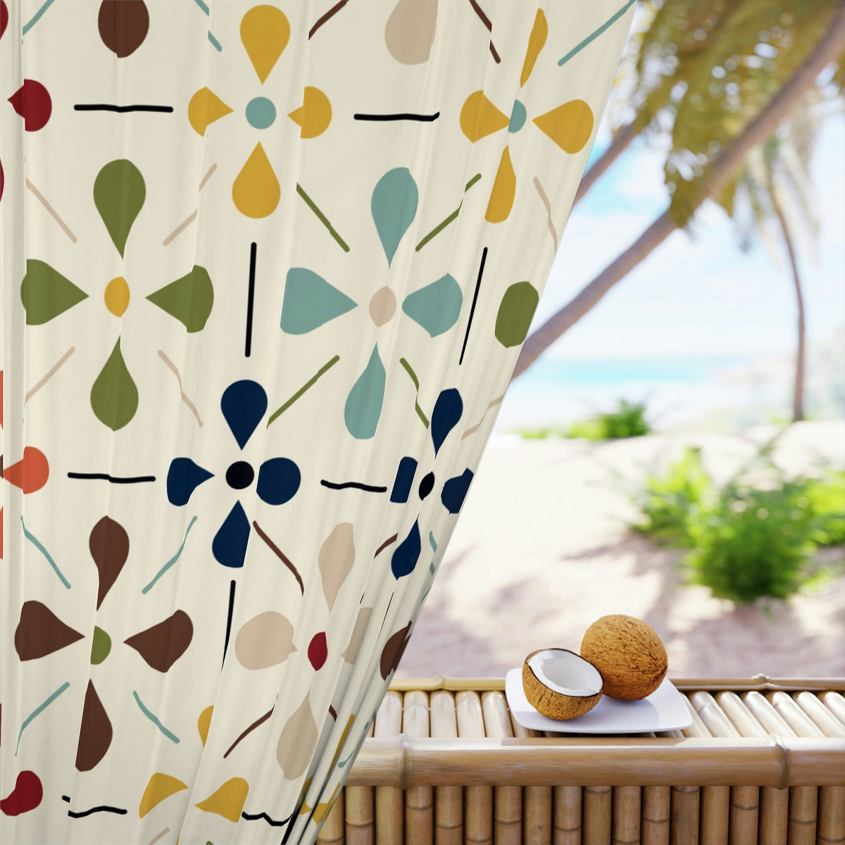 Mid Century Modern Window Curtains, Scandinavian Flower, Modern Retro Beige, Blue, Green, Orange, Brown, Window Curtains Home Decor Blackout / 50" × 84"