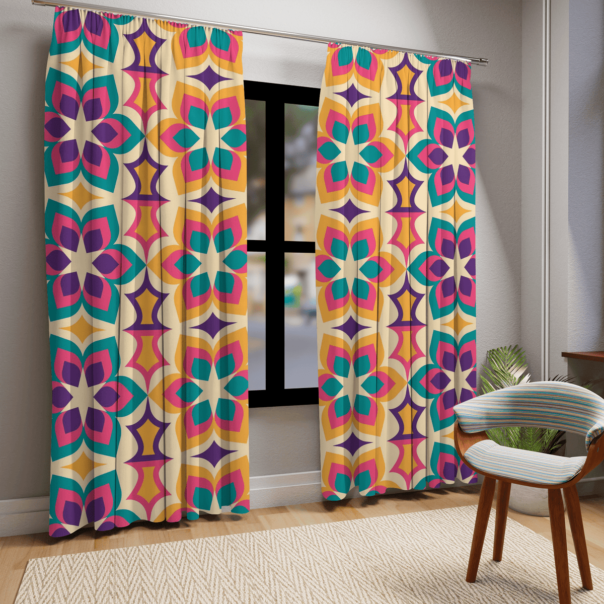 Mid Modern, Geometric, Purple, Yellow, Aqua, Pink, 1970's Mid Century Modern, Retro Window Curtains (1 Piece) Home Decor Blackout / 50" × 84"
