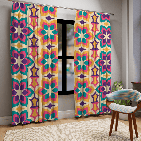 Mid Modern, Geometric, Purple, Yellow, Aqua, Pink, 1970's Mid Century Modern, Retro Window Curtains (1 Piece)