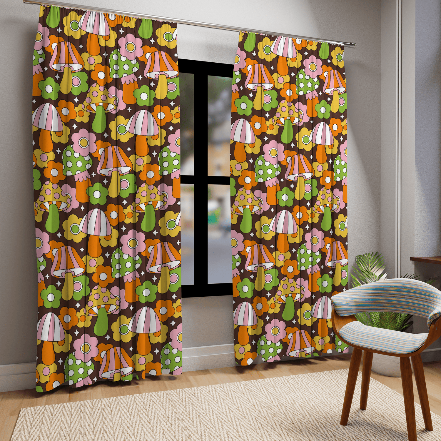 Mushroom Decor, Pink, Brown, Orange, Green, Funky Groovy, Mid Mod Window Curtains Home Decor Blackout / 50&quot; × 84&quot;