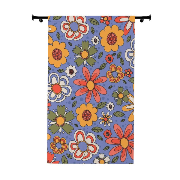 Retro 70's Groovy Floral, Flower Power, Daisy, Pretty Blueish Purple, Yellow, Pink, White Mid Mod Hippie Window Curtain