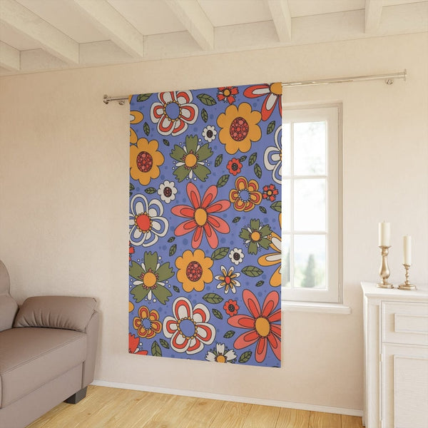 Retro 70's Groovy Floral, Flower Power, Daisy, Pretty Blueish Purple, Yellow, Pink, White Mid Mod Hippie Window Curtain