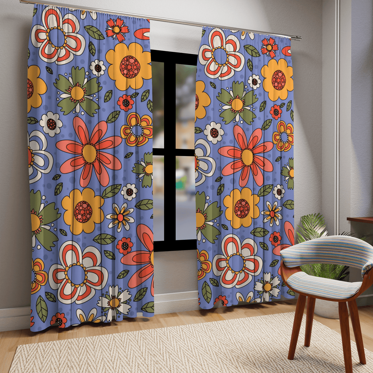 Retro 70's Groovy Floral, Flower Power, Daisy, Pretty Blueish Purple, Yellow, Pink, White Mid Mod Hippie Window Curtain Home Decor Blackout / 50" × 84"