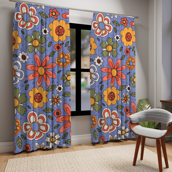 Retro 70's Groovy Floral, Flower Power, Daisy, Pretty Blueish Purple, Yellow, Pink, White Mid Mod Hippie Window Curtain