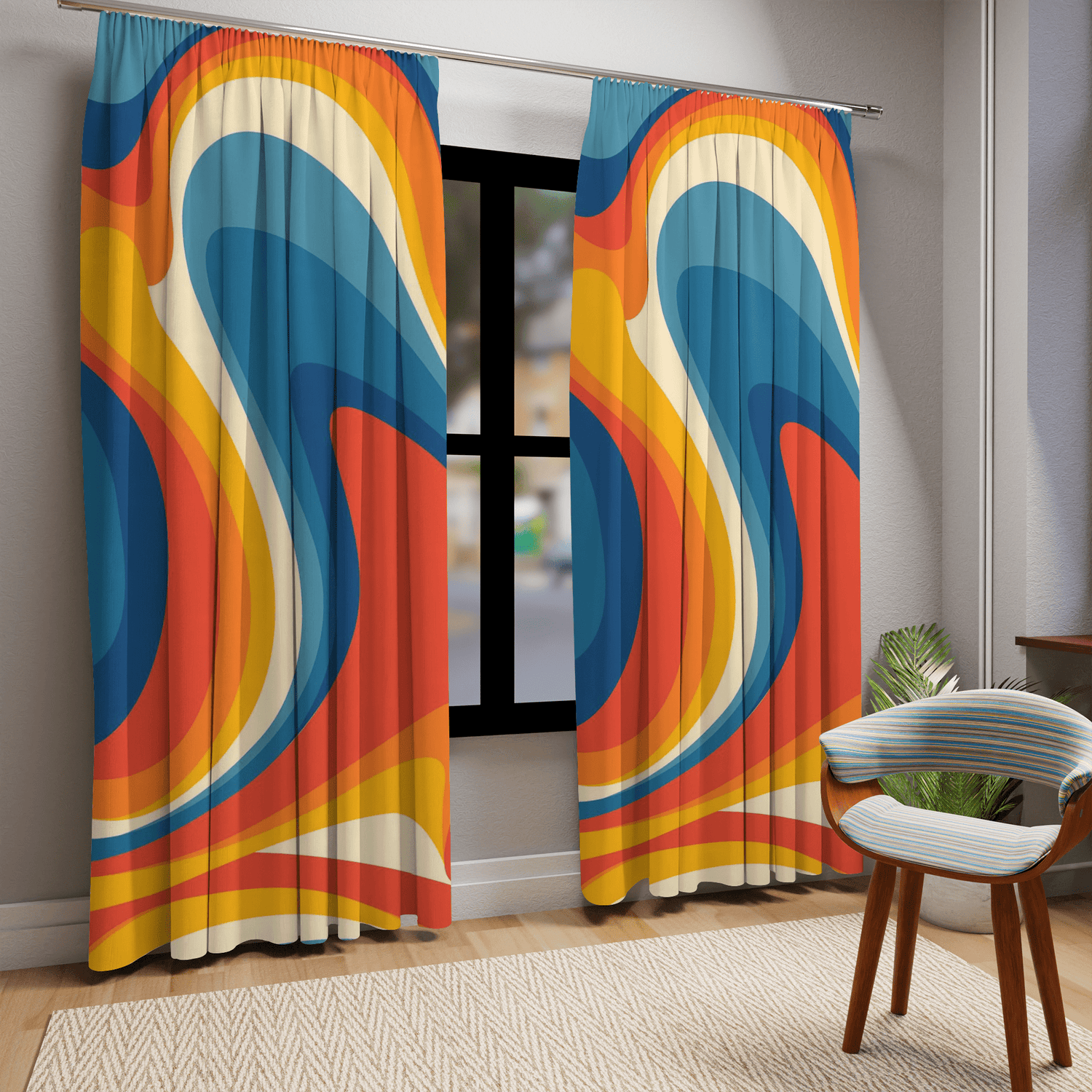 Retro 70s Curtains, Wavy, Psychedelic, Orange, Blue, Yellow Groovy Curtains, Y2K Home Decor Home Decor Blackout / 50&quot; × 84&quot;