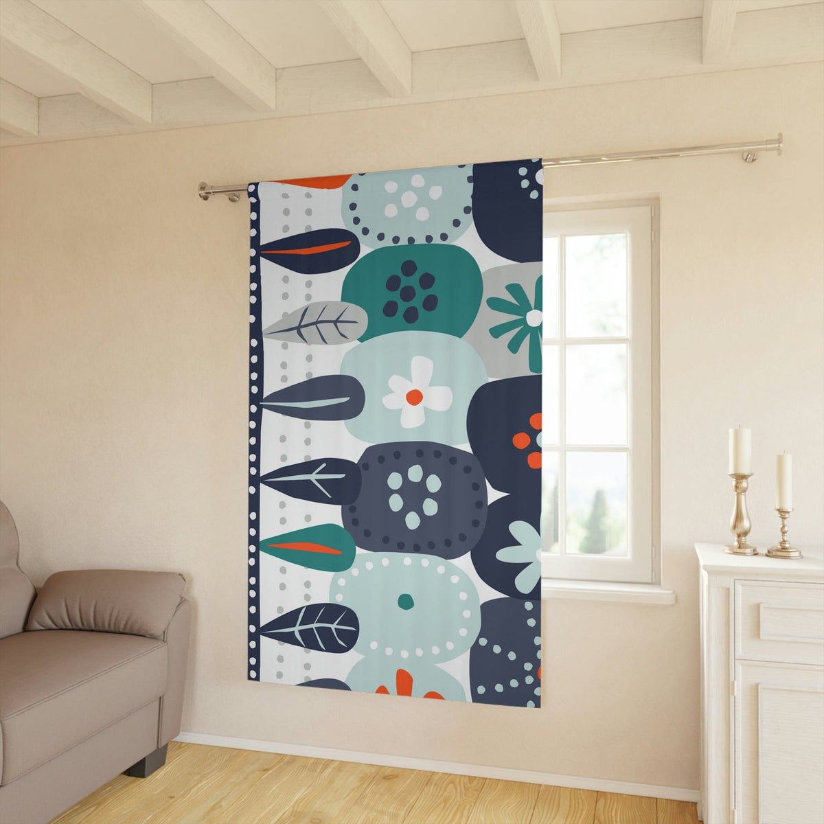 Scandinavian Modern Danish, Hygge Nordic, Mod Flower, Blue, Teal, Orange, Mist Blue, Geometric Flower, Mid Mod Window Curtains Home Decor Blackout / 50" × 84"