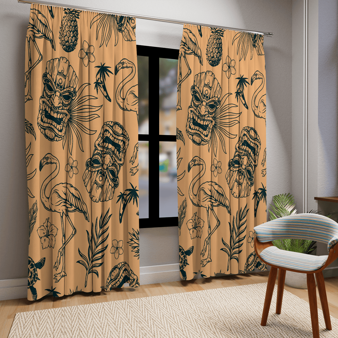 Tiki Home Decor Retro Curtains, Flamingo, Tropical Paradise, Soft Orange, Mid Mod Window Curtains (1 Piece) Home Decor Blackout / 50&quot; × 84&quot;