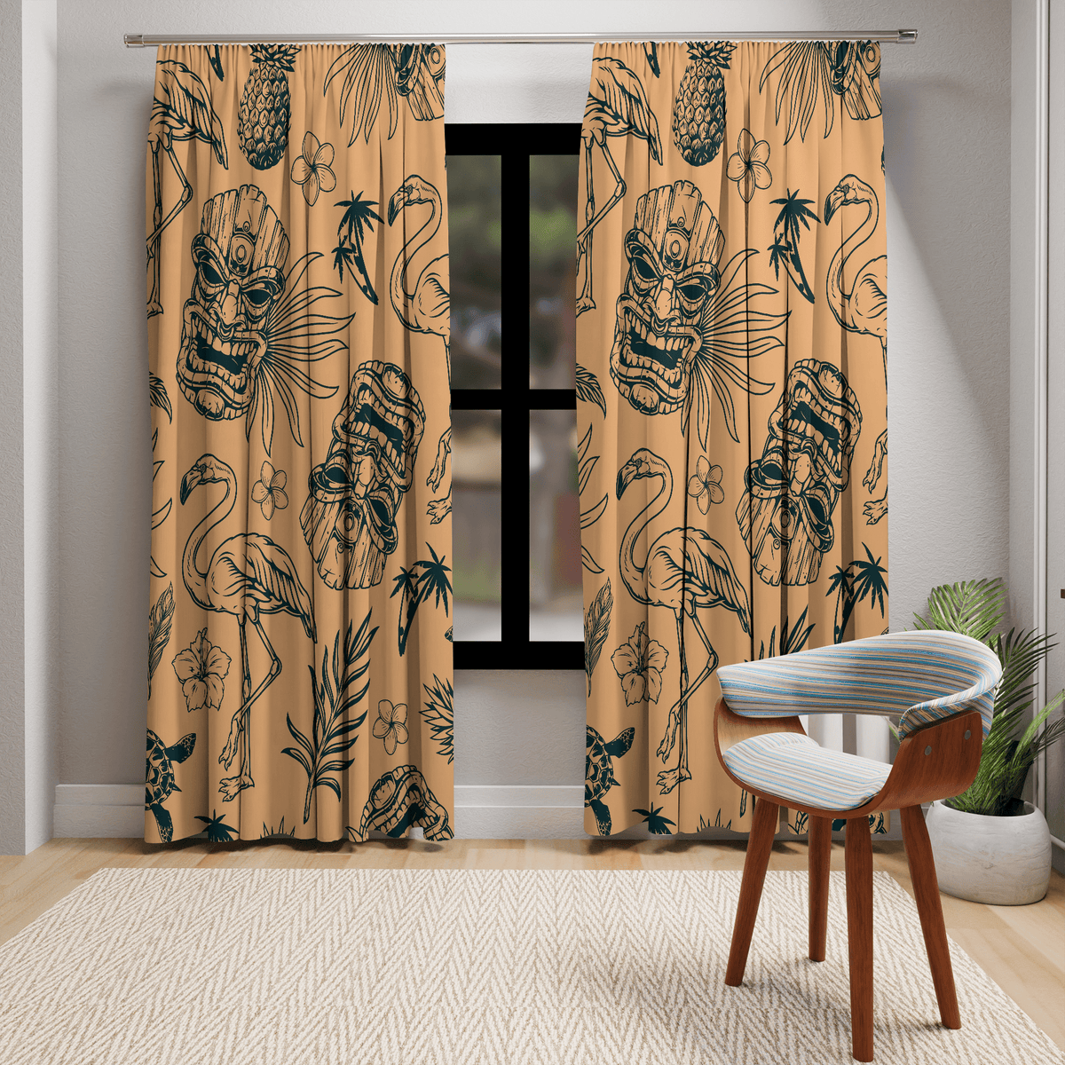 Tiki Home Decor Retro Curtains, Flamingo, Tropical Paradise, Soft Orange, Mid Mod Window Curtains (1 Piece) Home Decor Blackout / 50" × 84"